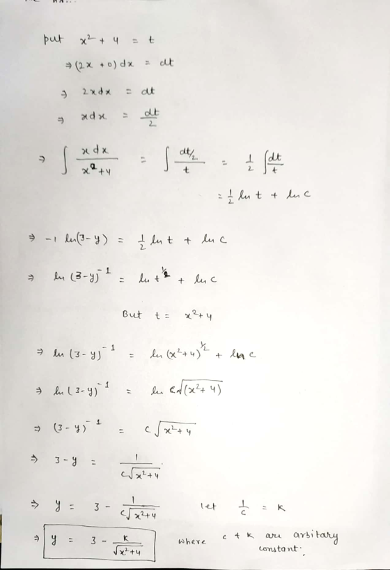 put x² + 4 = t → (2x + o) dx = ct 2x dx = at ada x dx U sente x+ lut + luc 9 - (3 - 9) = £lut + luc lu (3-yj 1 = lute V + luc