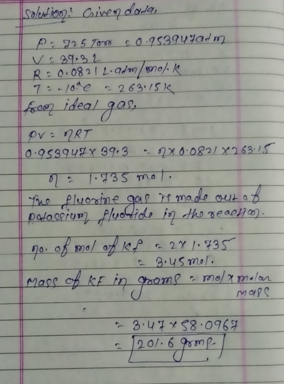 solution Cive on dada, Po 725 Ton 60 953947adm R 20.0821 2. adm/molok Tanlode a 263.151 from ideal gas, pra ART 0.9539488 39.