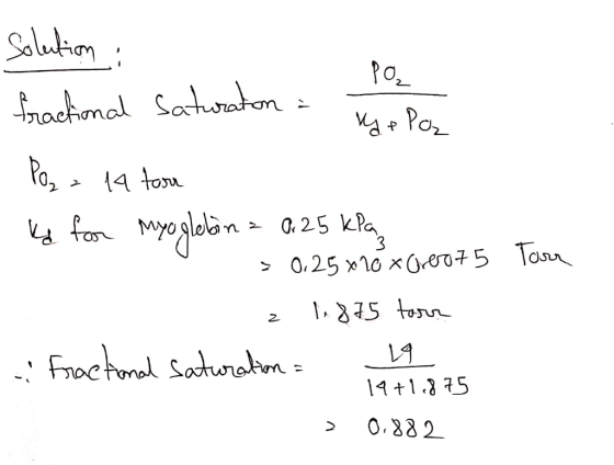 PO₂ МА+ Po, Solution : fractional Saturation : 1 | la, 14 low le for myoglobin = 0.25 kPa 0,25 x 10 x Grero75 Tore = z Fracti