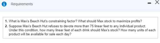 Requirements 1. What is Maxs Beach Huts constraining factor? What should Max stock to maximize profits? 2. Suppose Maxs Be