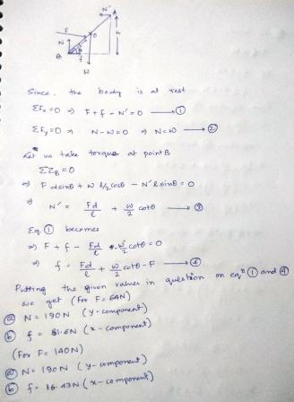 Efx»> F+ -N0 - 0 Fy- O N -EO Net S o take torque at point B 22=0 - Face + 1 - Nesino on eat and question En becomes >> F+f- .