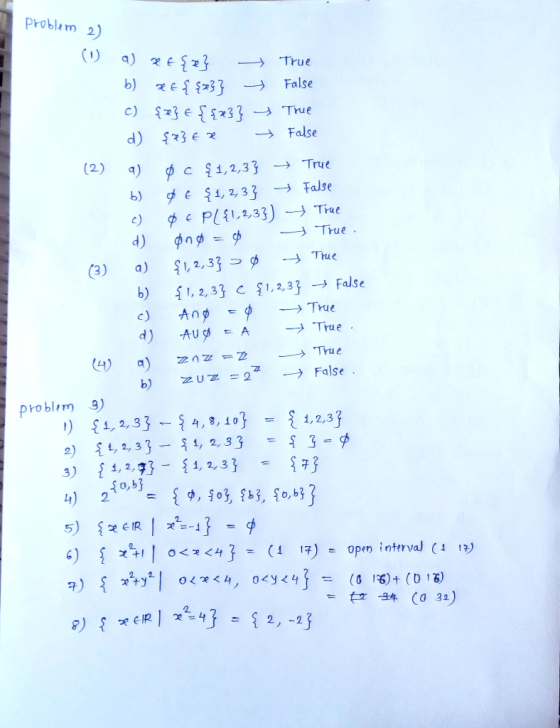 problem 2) (0 q) 26 Şz} = True b) 3 + { #333 - False C) {z} & {{x3} * True d) {x} Ex False (2) a) 0 c {1,2,3} + True b) && {1