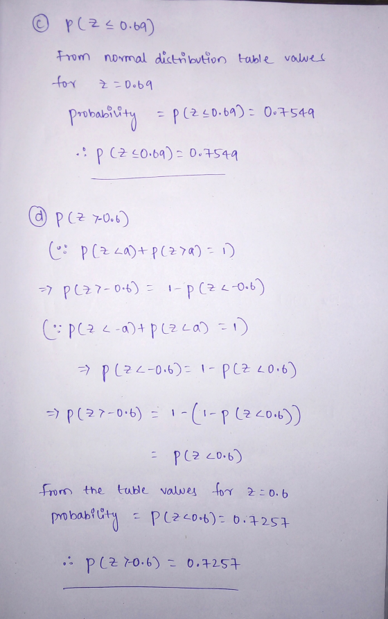 © P(Z <0.69) from normal distribution table values for z = 0.69 probability = p (240.69) = 0.7549 .. p (Z 40.69) - 0.7549 d @