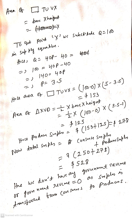 trice Rodun suples Now total sumples a Area of a TU VX = base Xheight Hoo-ofy X we substitute Q=100 To gut point in supply