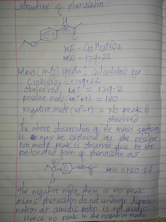 structure of phenacetin : MF - Gol 3 NO2 NW - 129.22 Mass (m/2) spectra : calculated to - Croli No - 179.22 Observed t = 179.