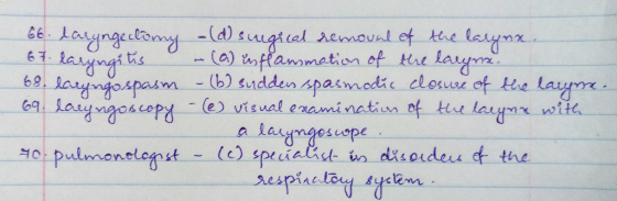 G6. daryngectomy - (d) surgical removal of the larynx. 67 laryngitis . (a) inflammation of the larynx. 68. laryngospasm - (b)
