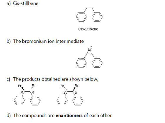 a) Cis-stillbene Cis-Stilbene b) The bromonium ion intermediate c) The products obtained are shown below, d) The compounds ar