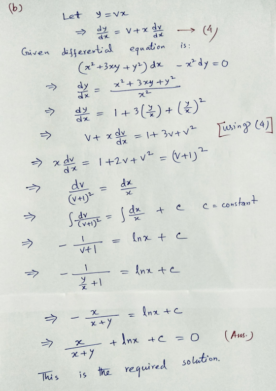 (6) Let y=va dy -> = V+x dv (4) dx dr is: equation xdy=0 Given differential (x² + 3xy + y2) dx dy x² + 3xy ty? Jx x² dy | +3(