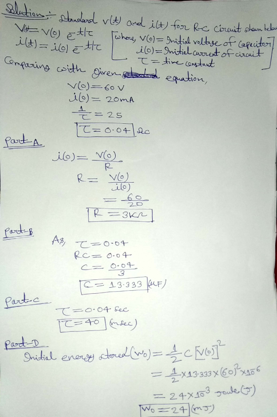 Vivo) e the كم (منذ = (ل Solution standard (t) and itt) for Rc Ciranit shown below where, vel = Initial voltage of Capacitor
