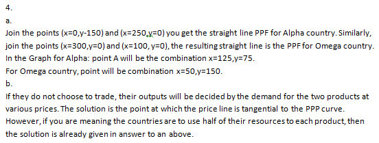 4. ia oin the points (x-0,y-150) and (x-250y-0) you get the straight line PPF for Alpha country.Similarly, join the points (x