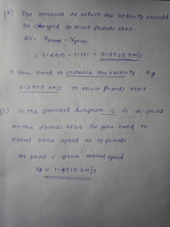 (6) The amount at which the velocity should be changed to touch friends og bit. AV = Vfriends - Vyours 0.39 05 km/s = 1.4915