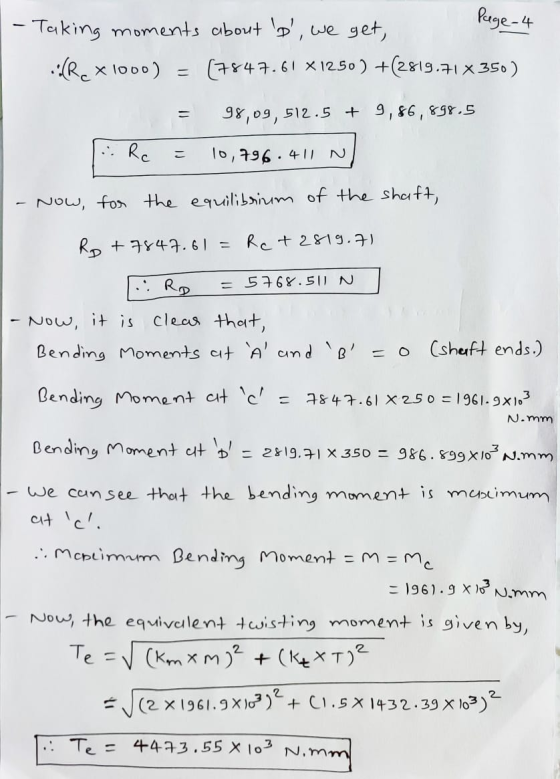 Page 4 - Taking moments about D, we get, (Rc x1000) = (7847.61 X1250 ) +(2819.71x350) = 98,09,512.5 + 9,86,898,5 Rc こ 10,79