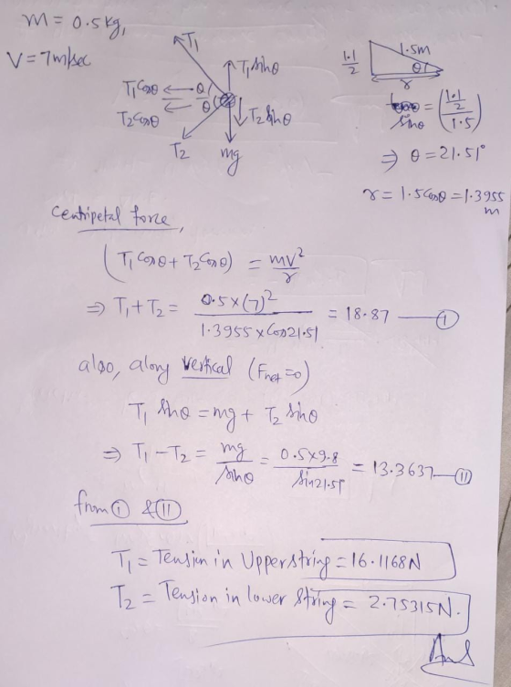 m = 0.5kg, 1.sm v=7mibec ↑ Tikino ४ ferme = /144 m TCORO Tzano sino Tz mg 0=21.51° 8= 1.5690 = 1.3955 centripetal force, T co
