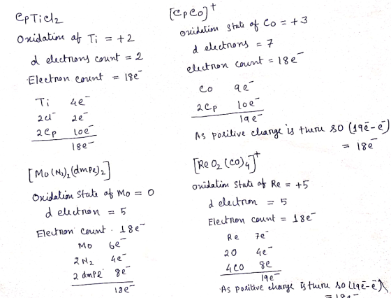 eptiek Onidation of Ti =+2. d electrons count =2 Electron count = 186 Ti ue au zé Rep Loe [epeot oxidation state of Co=+3 d e