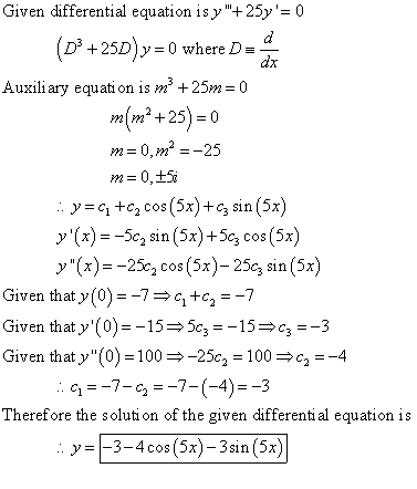 Given differential equation is y+25y= 0 d (D* +25D) y = 0 where D= Auxiliary equation is m +25m= 0 m(m2 +25) = 0 m= 0, m =