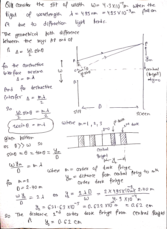 Qir consider the slit of width W = 4.3x10th when the light of wavelength d=495 nm = 4958109m fall on it due to diffraction li