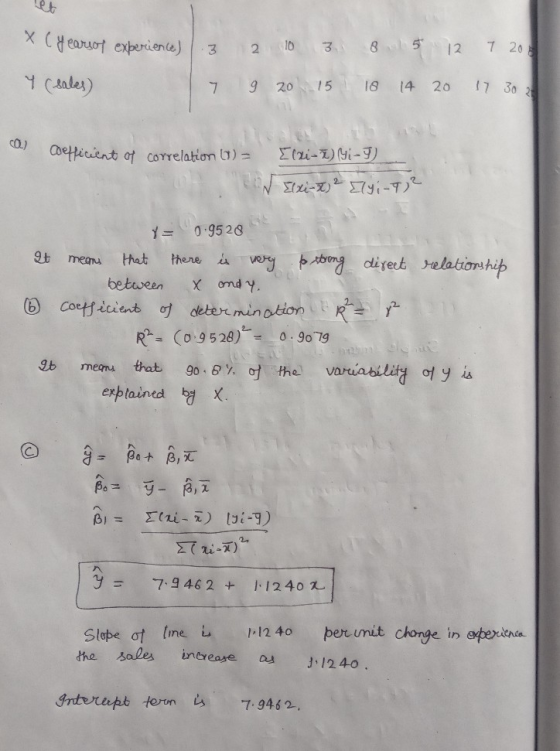 et X C yearsof experience) 3 2 10 3 8 15 12 7 205 Y (sales) 7 9 20 1518 14 20 17 302 0.) Coefficient of correlation () = Elai