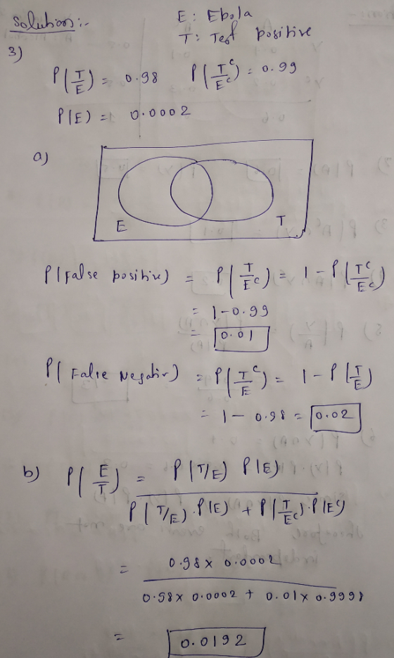 solutions in E: Ebola T: Test positive 3) Plu) - 0.98 119 - 0.99 PIE) = 0.0002 ТЕ Pisalse posibiw) - T I S = 1-o.gg Pl Falre