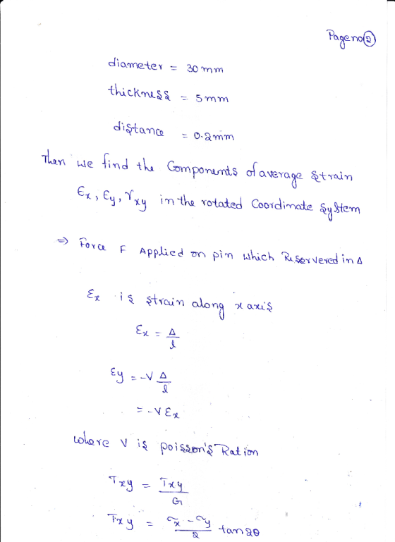 Pageno diameter = 30 mm thickness = 5mm distance - 0.amm Then we find the Components of average strain Ex, Ey, Txy in the rot