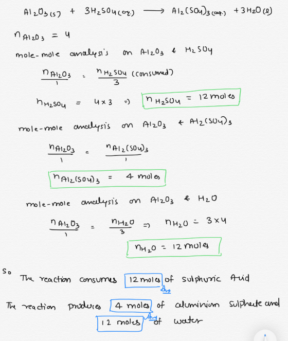Al2O3657 + 3H2SO4(04.) → Al2(SO4)3 () + 3 H20 (8) n Al2O3 = 4 mole-mole analysis on Al2O3 € Hz Soy NAIRO3 He sou consumed?