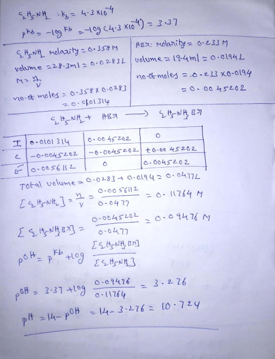 CHS NH kg = 4.34104 pkb = -log kb 2 109 (4-3x104) = 3.37 CANH molarity = 0.358M ABr. Molarity = 0 2339 volume 228.3m1=0.02834