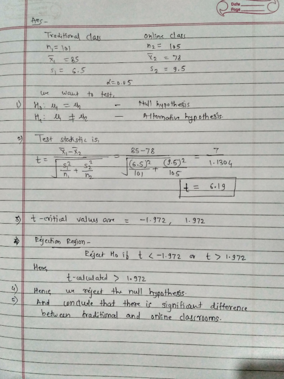 Date Page Ans- Traditional n = 10L class online class n2= 105 12 = 78 S2 = 9.5 =85 6.5 s = to We want D Hoi l = LH: 4 & ll 2=