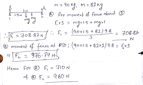 1.5 + 8 Af m=90 kg, m=82 kg Disman for moment of forces about » 1. mg my f, x3 = mgx1.5 + ingxi 1516 = 708-87N/: , = (490x1.5