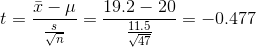 t=\frac{\bar{x}-\mu }{\frac{s}{\sqrt{n}}}=\frac{19.2-20 }{\frac{11.5}{\sqrt{47}}}= -0.477