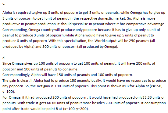 C. Alpha is required to give up 3 units of popcorn to get 5 units of peanuts, while Omega has to give up 3 units of popcorn t