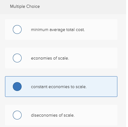 Multiple Choice O minimum average total cost. o economies of scale. constant economies to scale. diseconomies of scale.