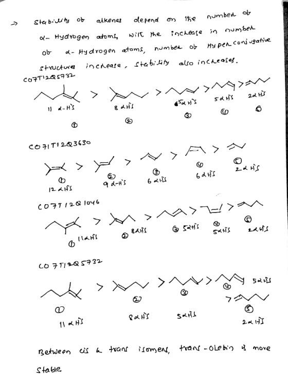 Ste biity ob alkenes depend on numbed ol 1he - Hydvogen atom£, wiit he iochease n number ob d- Hydrogen atoms, numbe ob Hy Pe