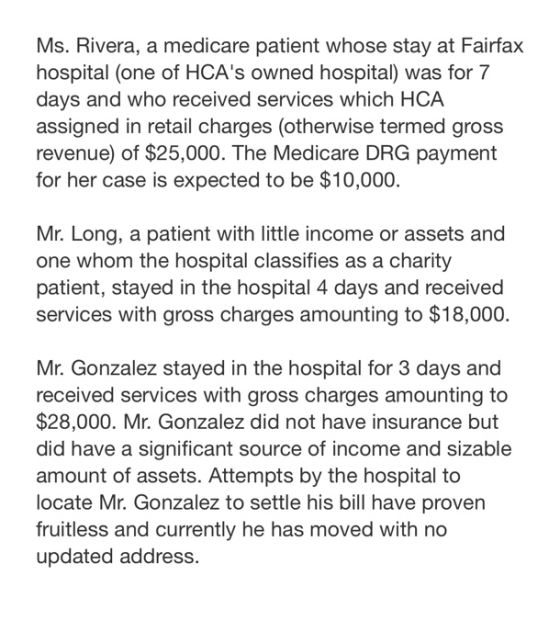 Ms. Rivera, a medicare patient whose stay at Fairfax hospital (one of HCAs owned hospital) was for 7 days and who received s