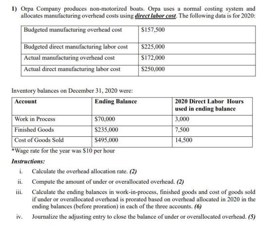 1) Orpa Company produces non-motorized boats. Orpa uses a normal costing system and allocates manufacturing overhead costs us