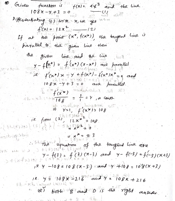 Given function is +(212 443 and the line : 1084-4 +3 = 0 WT. Differentiating 4h arto-u, we get som ... f(x) :12X 12) I at the