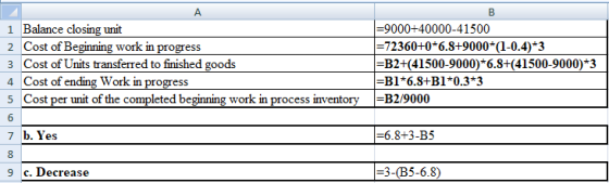 A В 1 Balance closing unit =9000+40000-41500 2 Cost of Beginning work in progress =72360+0*6.8+9000*(1-0.4)*3 3 Cost of Units