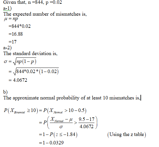 Given that, n=844, p=0.02 a-1) The expected number of mismatches is, A =np =844*0.02 =16.88 =17 a-2) The standard deviation i