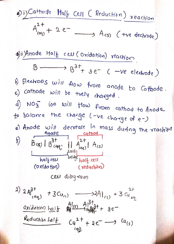 a);) Cathope Half Cell C Reduction) reaction Ata + 21- - Acs( +ve electrode) 2+ a) i Anode Holf ceu ( Oxidation) reaction B -