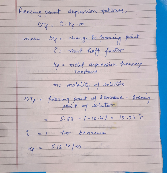 freezing point depression follows, DIf = ? .kg .m Stp = change in freezing point ů = rant hoff factor Kp = molaf depression