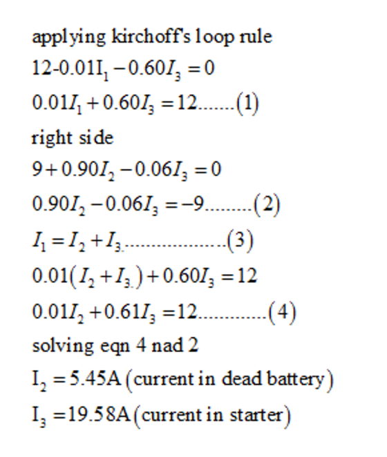 applying kirchoffs loop rule 12-0.011,-0.6010 0.017, +0.601, = 12 (1) right si de 90.901, -0.06/a-0 0.9012-0.0613-..2) 11 =