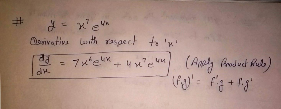 # a = 7 veux y = x e un Derivative with respect to n dy Treur + 4 uren (Apply Product Rule) (fig) = fgfg
