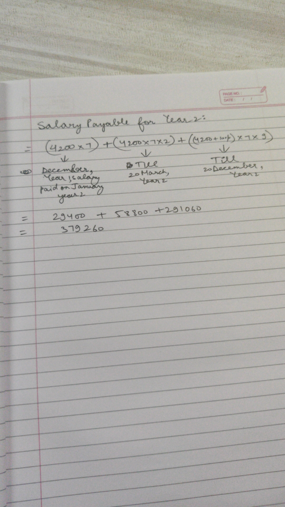 PAGE NO DATE Salary Payable for Year 2: (4200x7) + (4200x742) + (19200 + 1oof) x 7 x 9) December, Till 20 December, paid on.