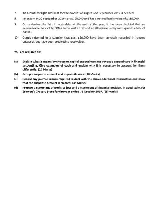 7. 8. An accrual for light and heat for the months of August and September 2019 is needed. Inventory at 30 September 2019 cos