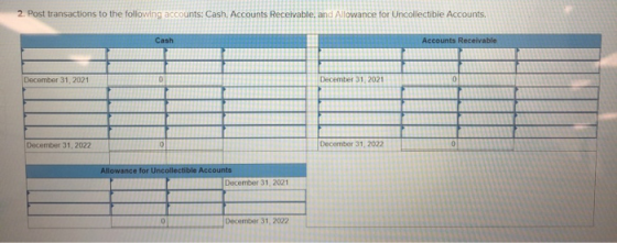 2. Post transactions to the following accounts: Cash, Accounts Receivable. and Allowance for Uncollectible Accounts. Cash Acc