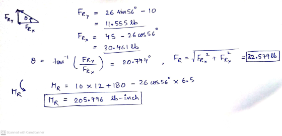 Fe, - 10 FRY Fe+ 26 sin 56° 11.555 lb 45 - 26 cos 56 26 cos 56 FRx 30.461 lb 2 32.57906 0 = FR = JFR 2 + tem (FRA 20.744 FRX