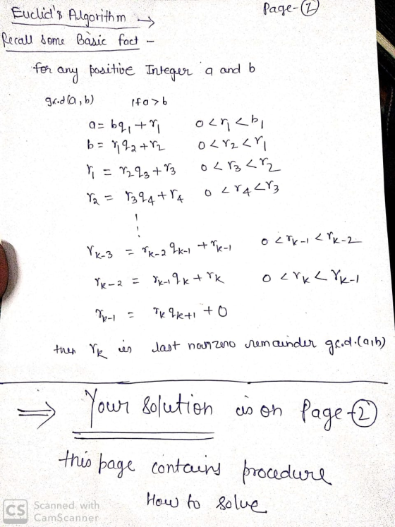 Euclids Algorithm page-( Recall some Basic fact - for any positive Integer a and b good (a, b) ffa >b a= bqtr orchi b = 192+