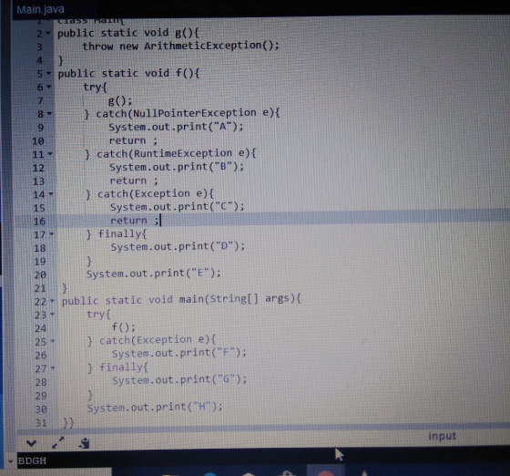 Main.java nrew sser 2 public static void g ()f throw new ArithmeticException(); 3 4 5 public static void f (O try{ g(); } cat
