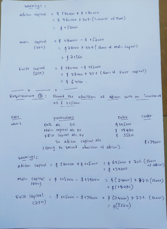 Workkings : Adison capital = 8 580000 + $ 180ooo = $760000 x 200 (interest of Shave) = 1.52000 Main capital (771) - $ 180000