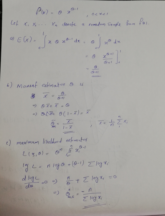 O-1 PW)- Ocnel Let X, Y, - . . Xn Xn denote a rundom sample from fal a EG). J x o xo de oja o da N b) Moment estimator o is O