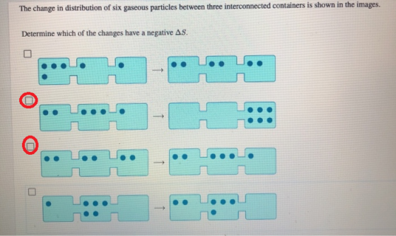 The change in distribution of six gaseous particles between three interconnected containers is shown in the images. Determine