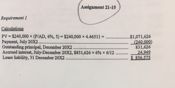 Assignment 21-15 Requirement 1 Calculations PV = $240,000 < (P/AD, 6%, 5) = $240,000 ~ 4.46511 = ................$1,071,626 P
